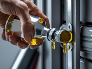 DIY Garage Door Maintenance Tips Clinton UT Close-up of lubricating garage door hardware during routine maintenance in Clinton, UT