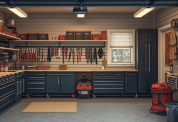Modern organized garage with custom cabinetry, smart storage systems, and workstations in Clinton, UT