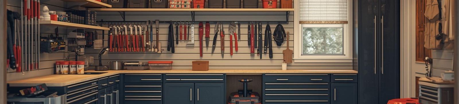 Modern organized garage with custom cabinetry, smart storage systems, and workstations in Clinton, UT
